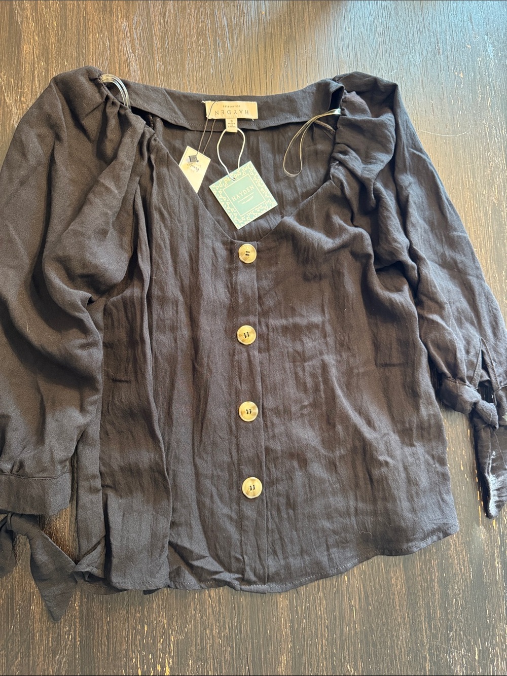 Hayden Black Button-Front V-Neck Peasant Blouse